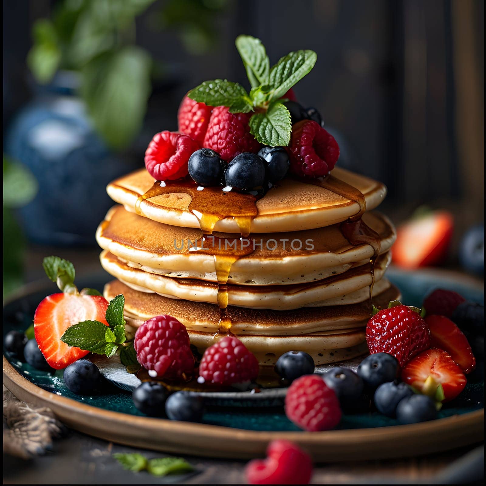A delicious stack of pancakes topped with fresh berries and syrup, a perfect combination of food and natural ingredients for a tasty breakfast or brunch