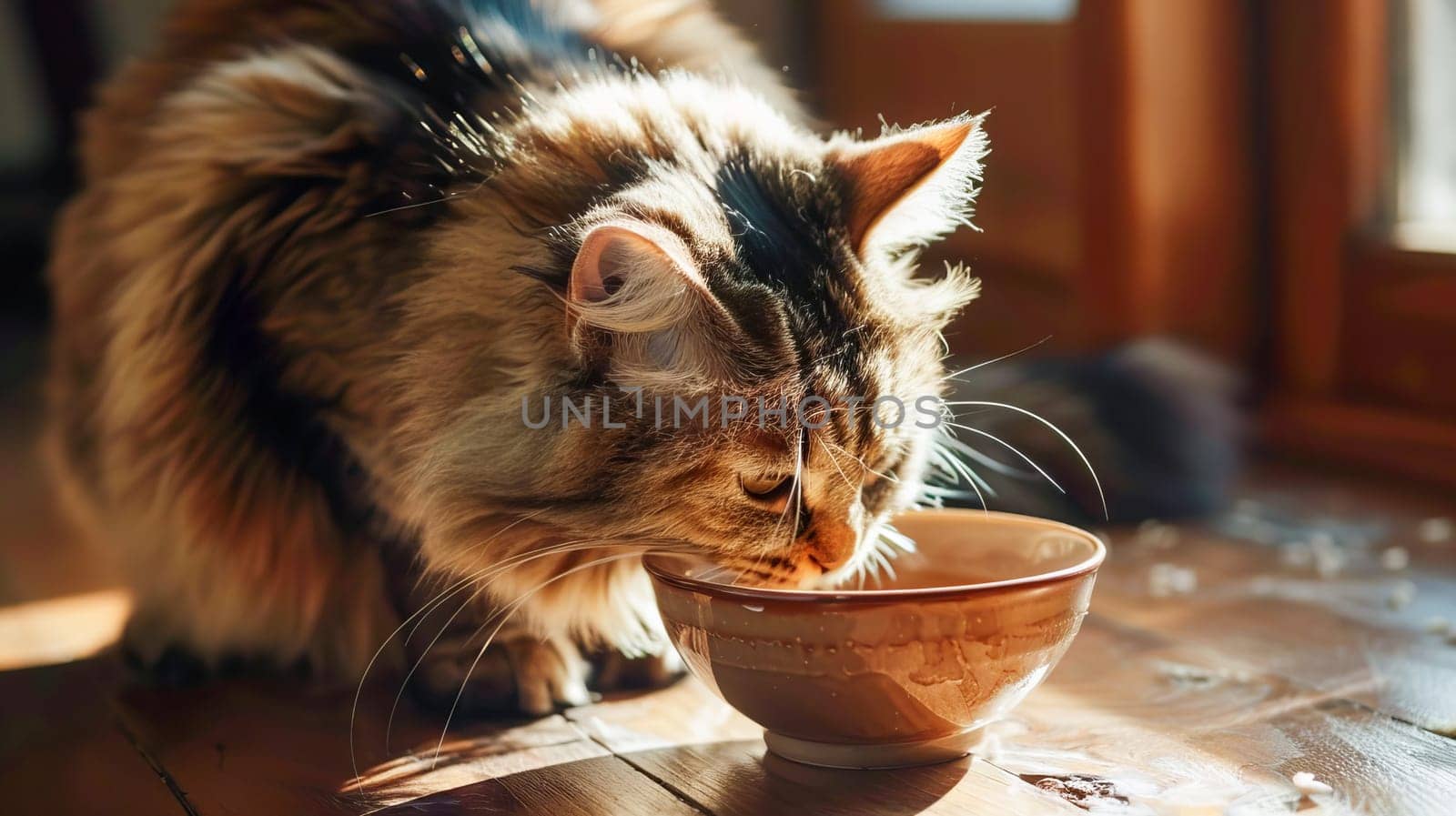 Fluffy domestic cat willingly eats from a ceramic bowl in a cozy kitchen. Pet care, cat food. AI generated.