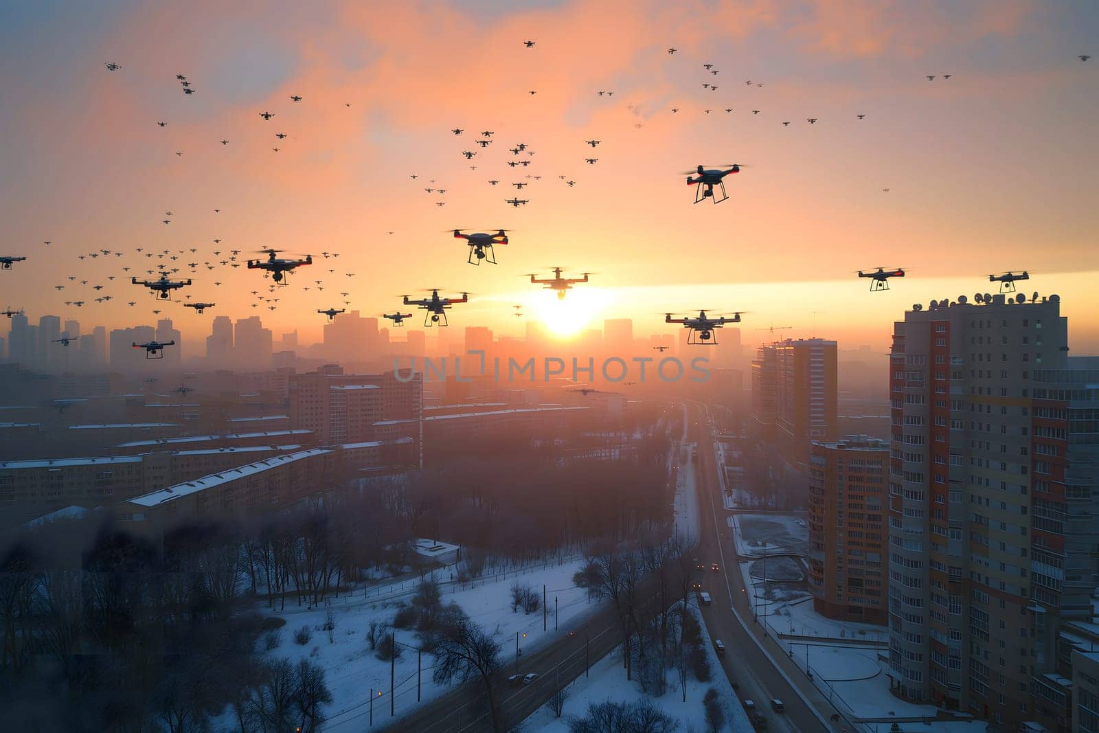 swarm of drones over city at winter sunset or sunrise. Neural network generated image. Not based on any actual scene or pattern.