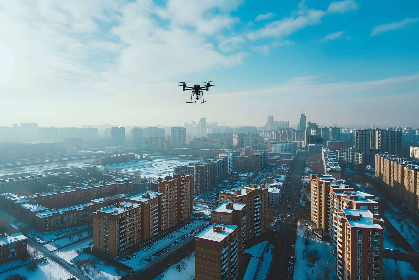 flying drone above the city at winter morning by z1b