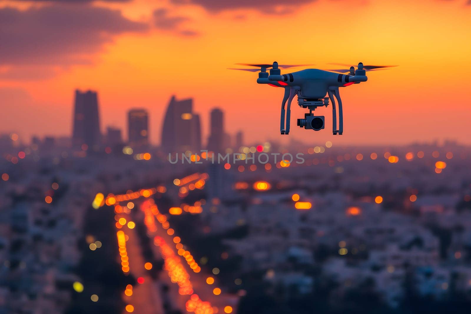 one drone over city at summer sunrise. Neural network generated image. Not based on any actual scene or pattern.