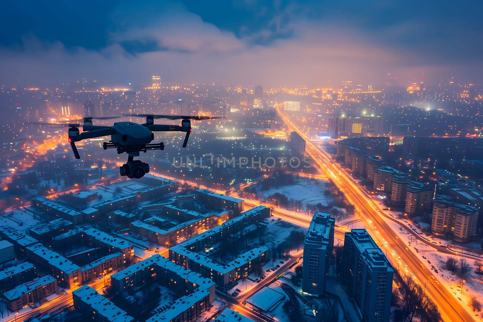 flying drone above the city at snowy winter night by z1b