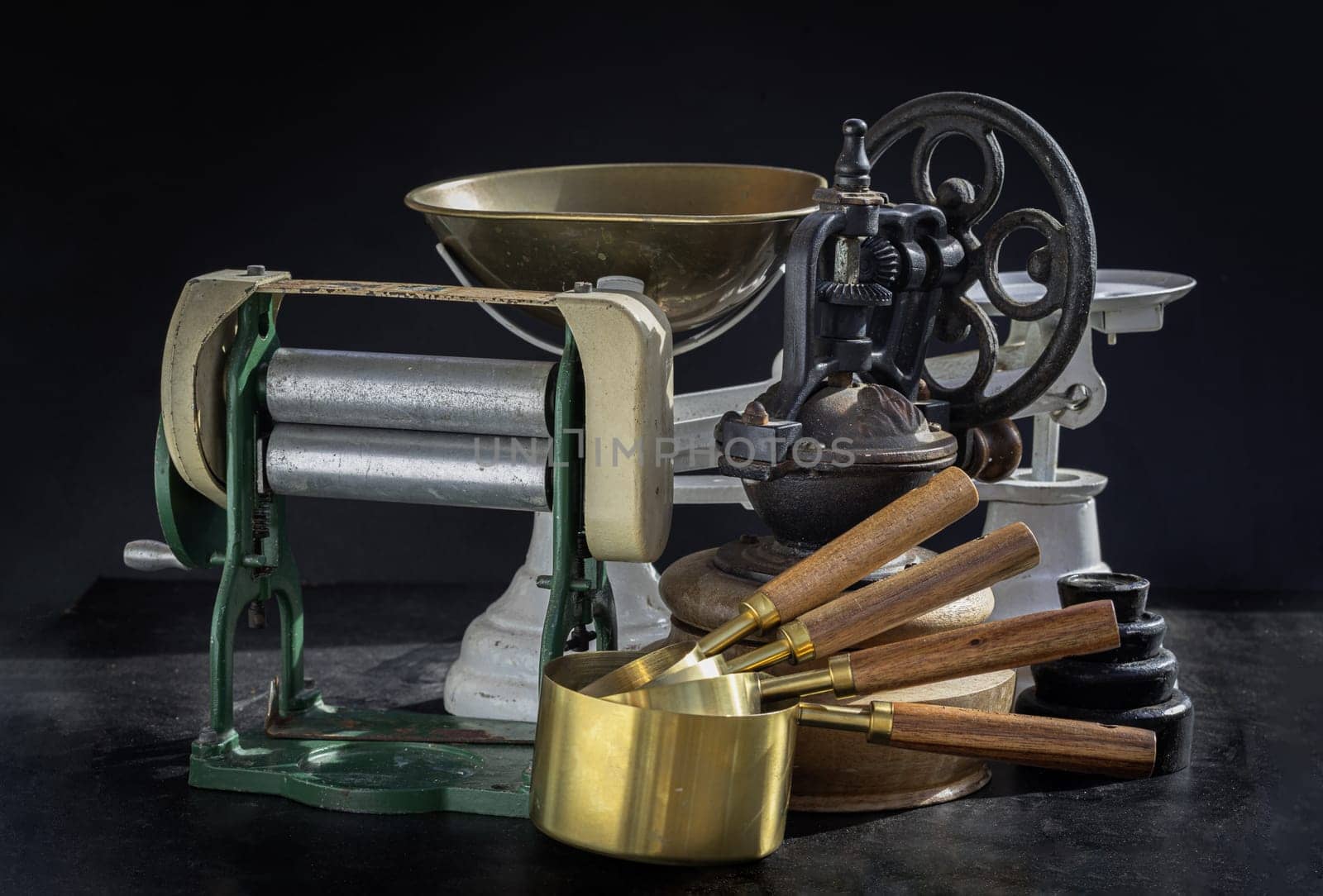 Pasta maker with hand crank, Original coffee grinder metal shake wheel with hand crank, Weight scale and Brass Measuring Cups. by tosirikul