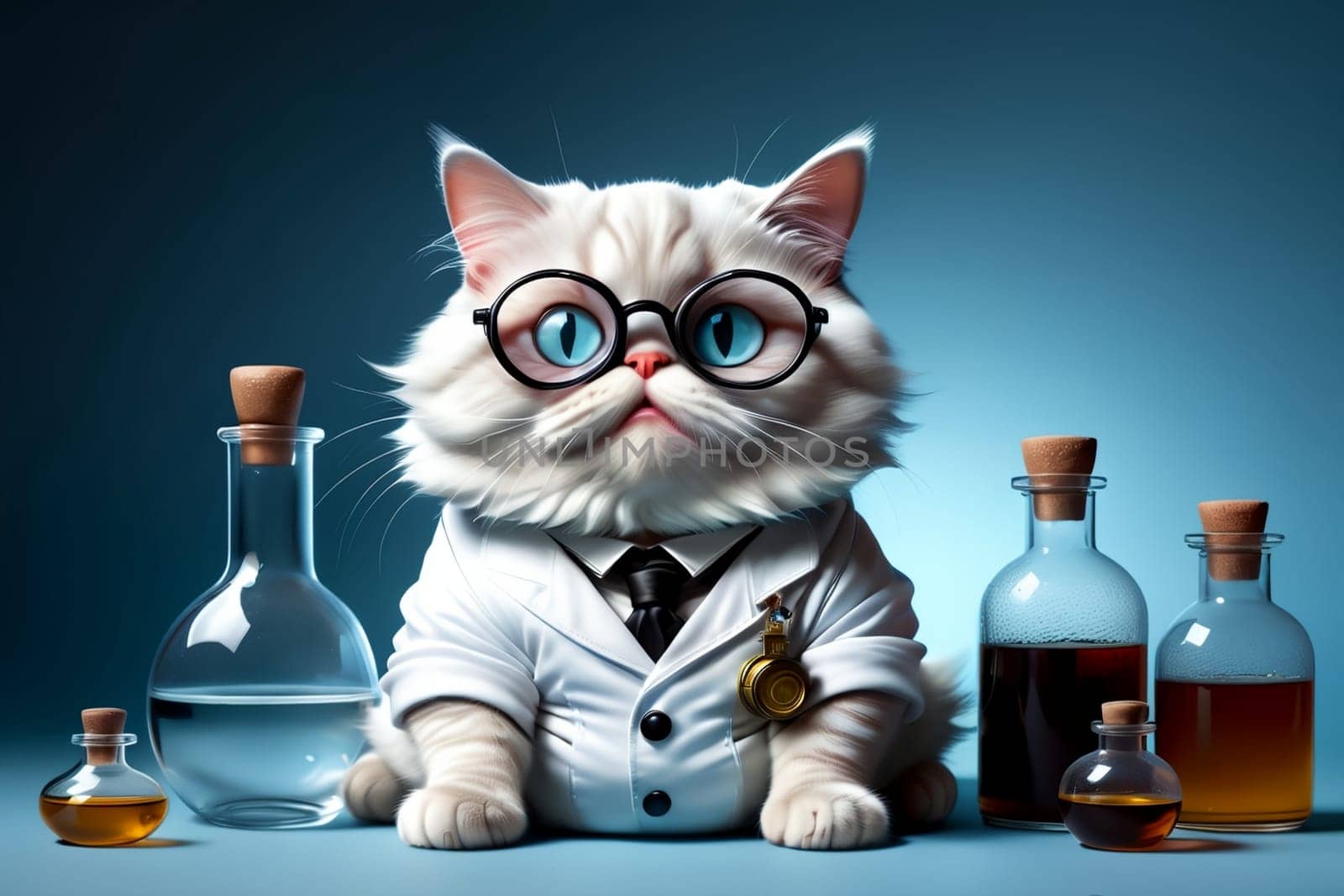 Biochemist cat in uniform with flasks .