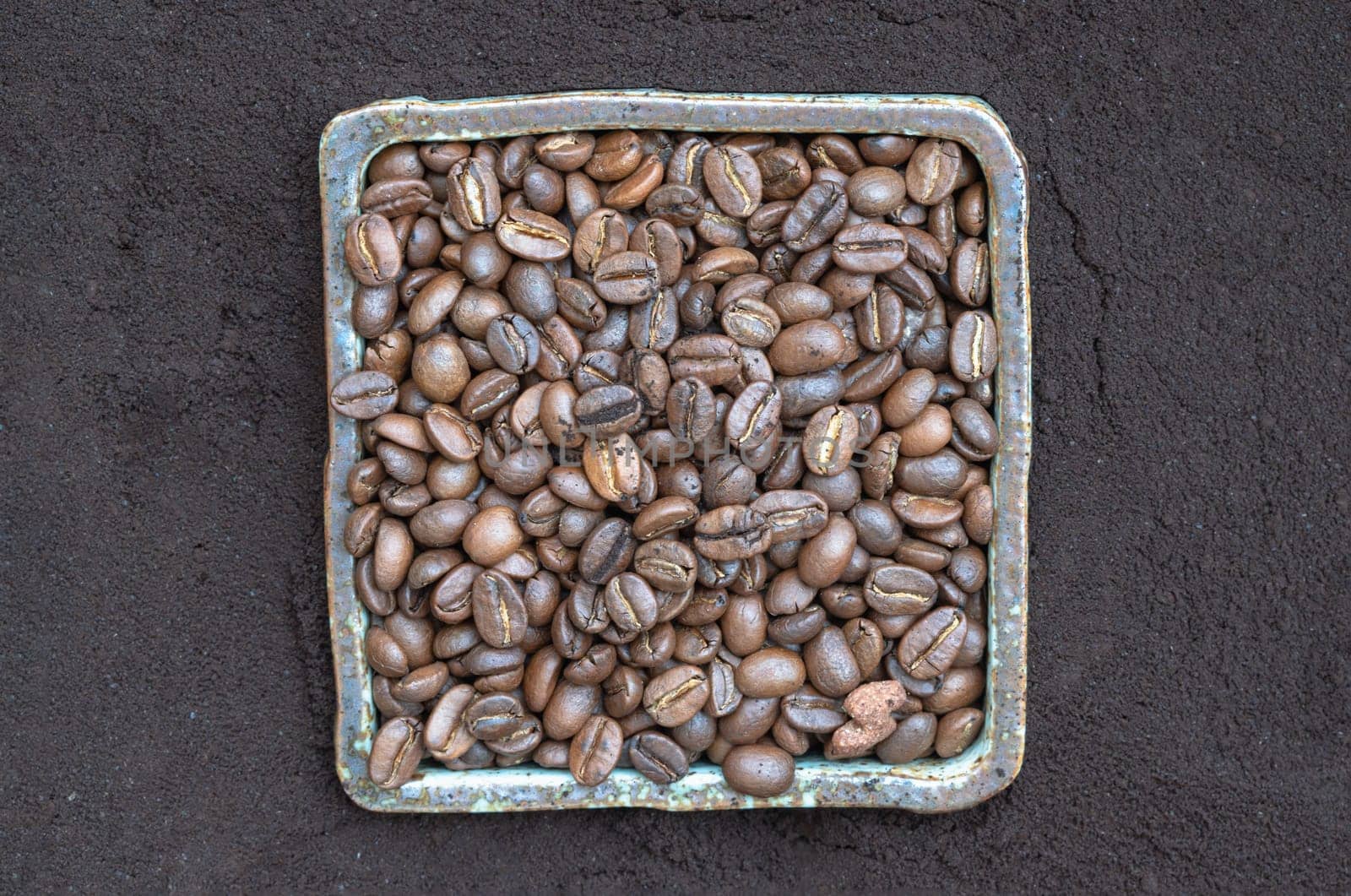 Coffee beans in ceramic square bowl with Coffee powder background. lternative coffee for living life, Coffee concept, Space for text, Selective focus.