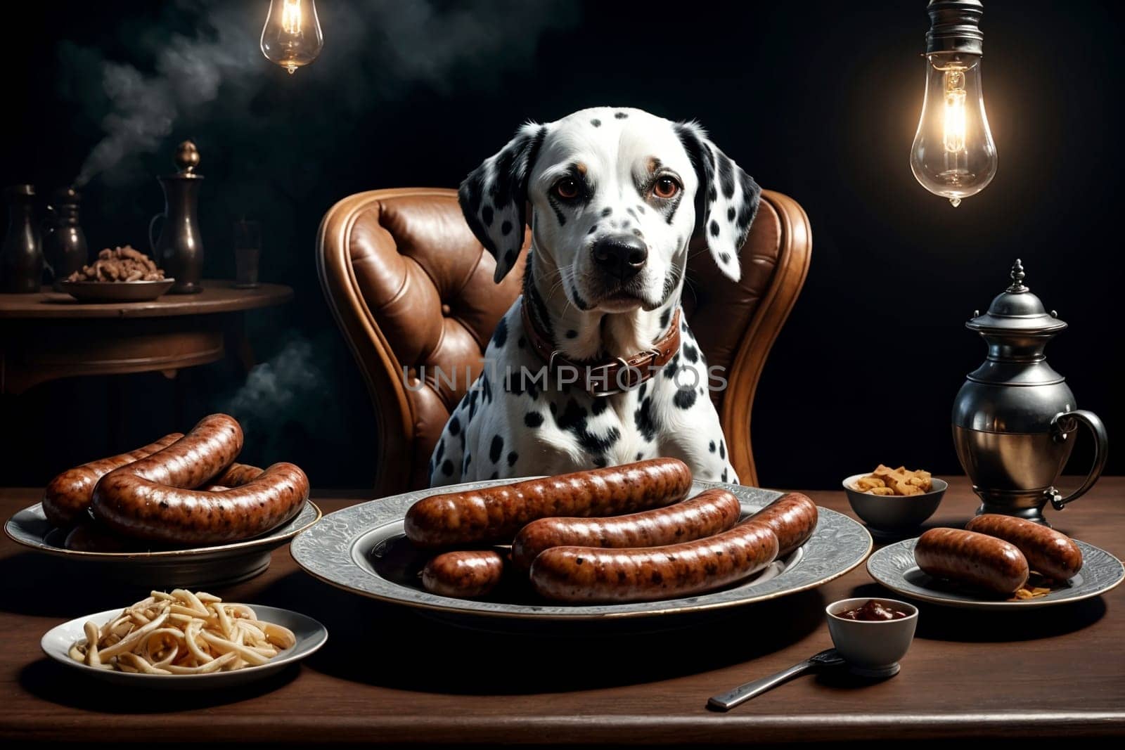 Dalmatian dog sits on a chair at the table in front of sausages on a plate .