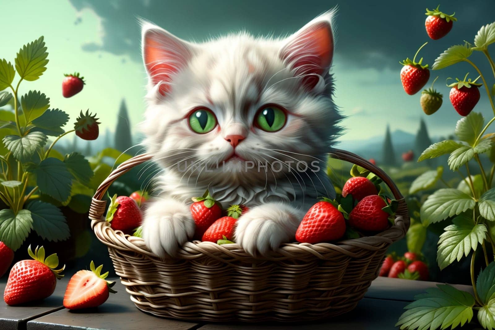 Ripe juicy red strawberries in a basket and a kitten .