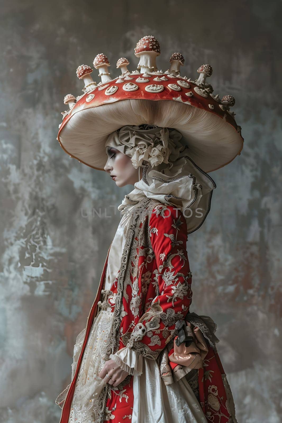 The woman is adorned in a unique mushroom hat and a bold red coat, showcasing a fusion of art and Victorian fashion in her headgear and dress