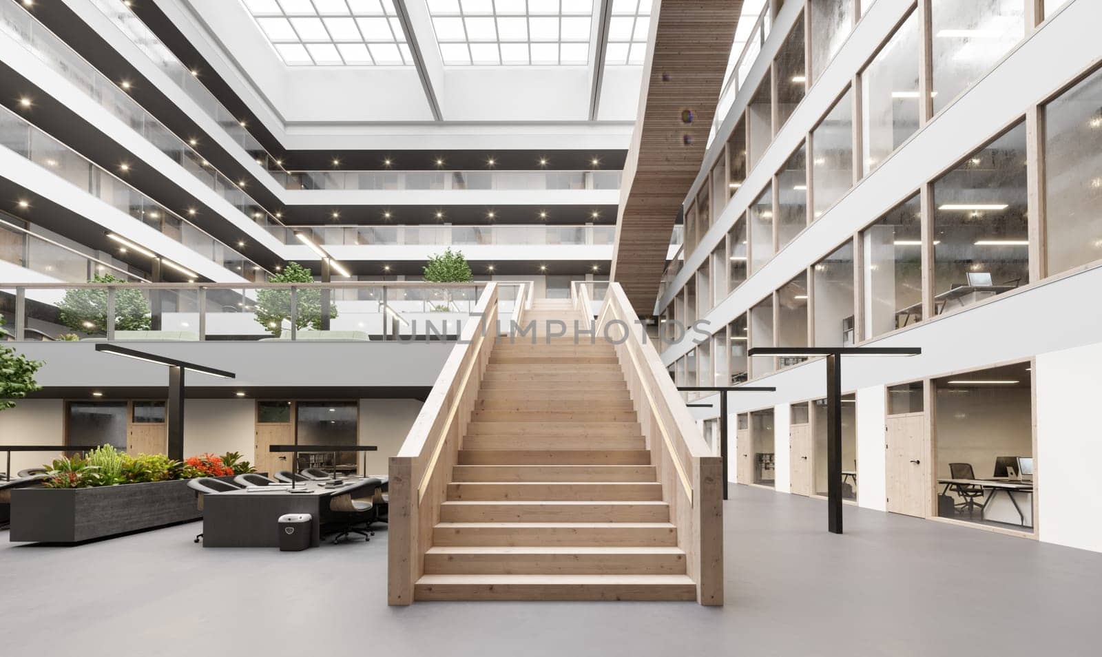 3d rendering interior of a modern office building with stairway