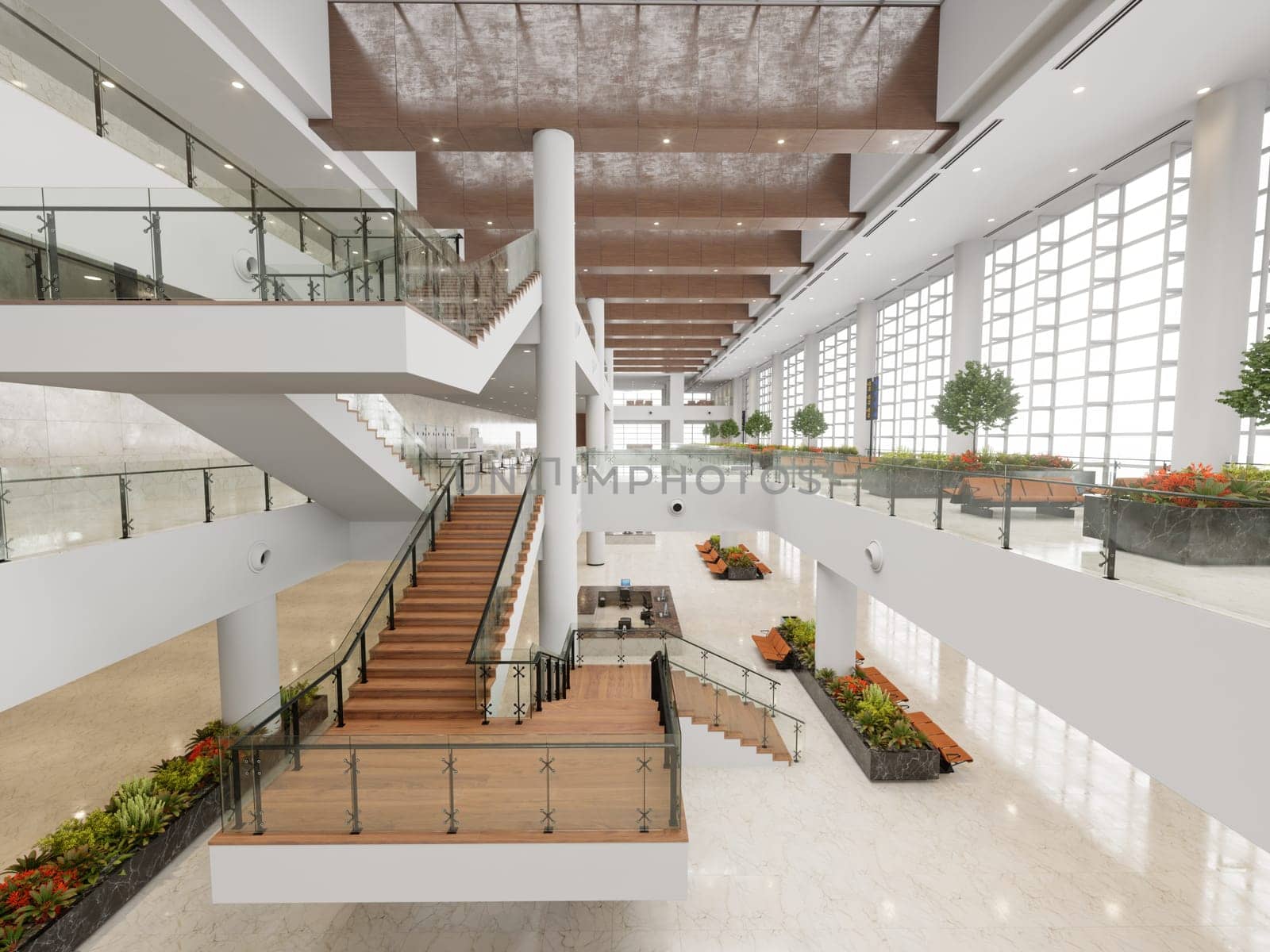 modern office building interior with stairs and plants. by vicnt