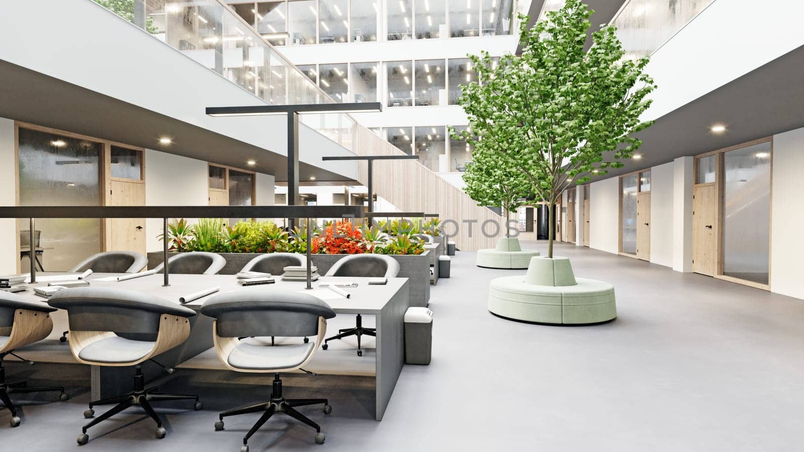 Interior of a modern office building. 3d rendering mock up