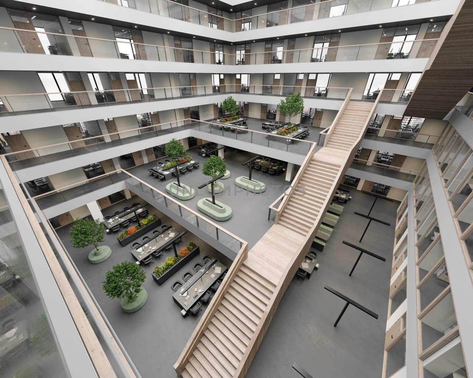 3d rendering interior of a modern office building with stairway