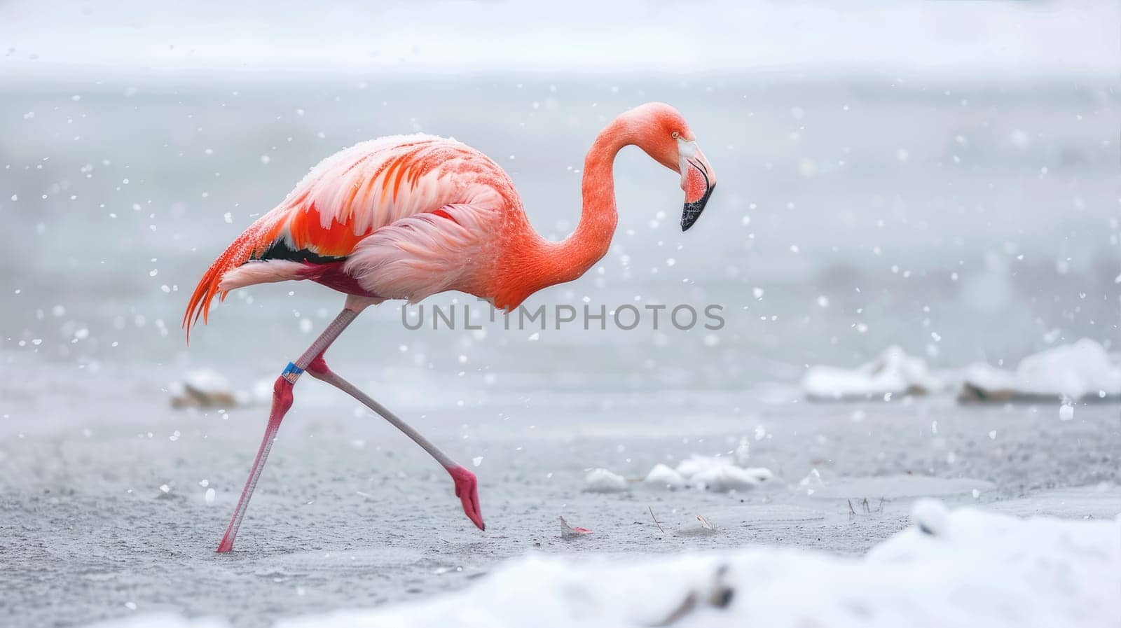 Flamingo walking on snowy ground by natali_brill