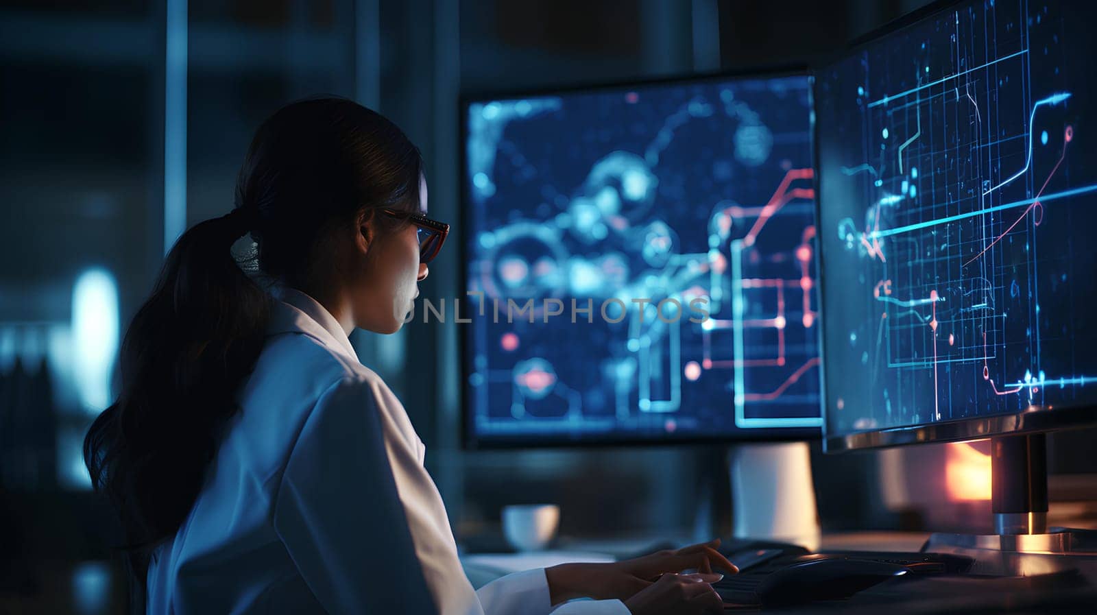 Businesswoman looking at Analytics Data Dashboard at the computer