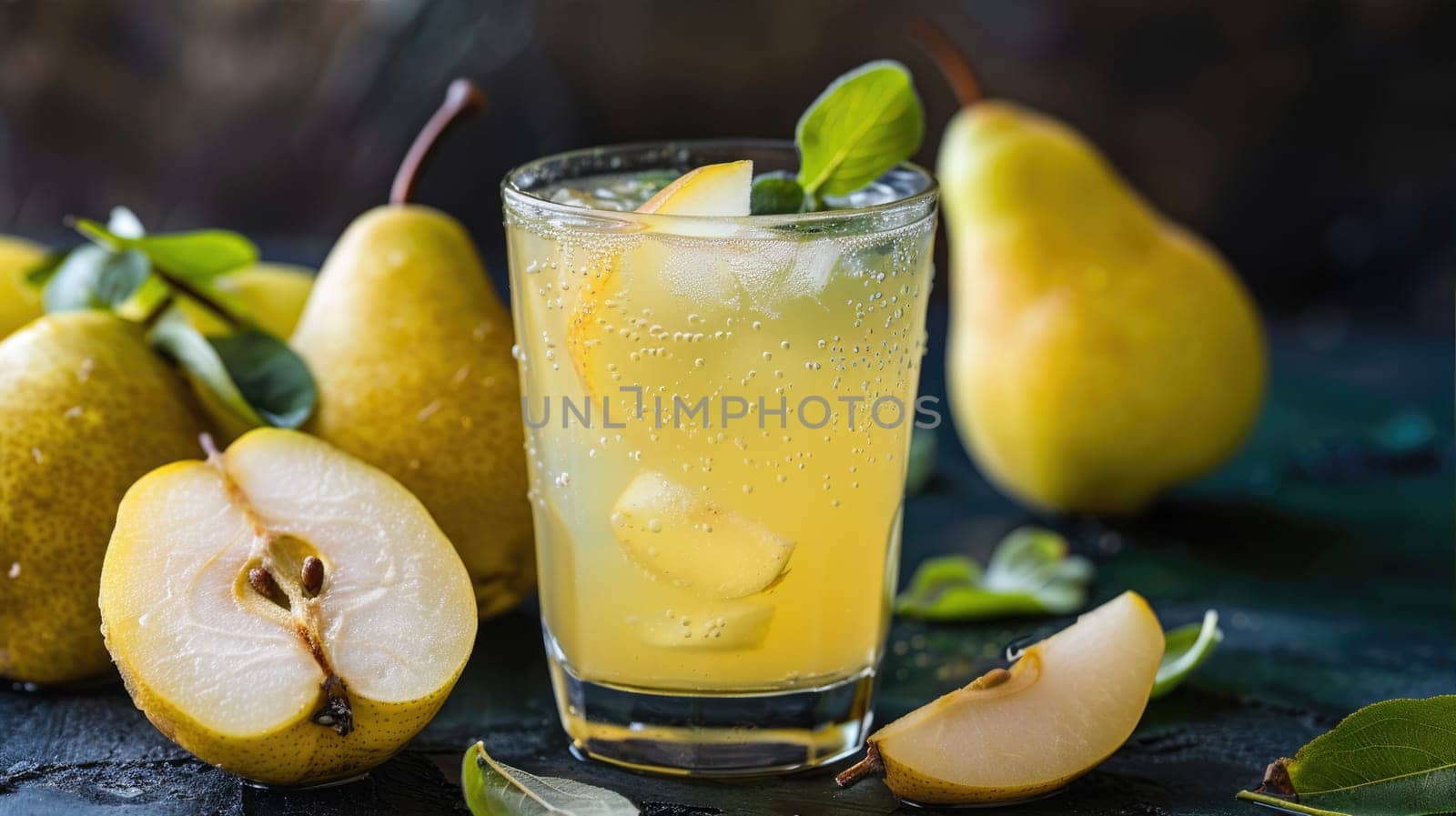 Fresh pear lemonade in a glass on a dark background AI