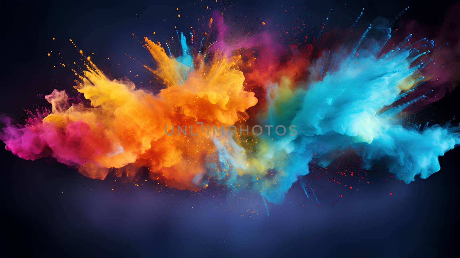 Abstract art powder paint on white background. Colorful powder splatted background for Holi celebration.