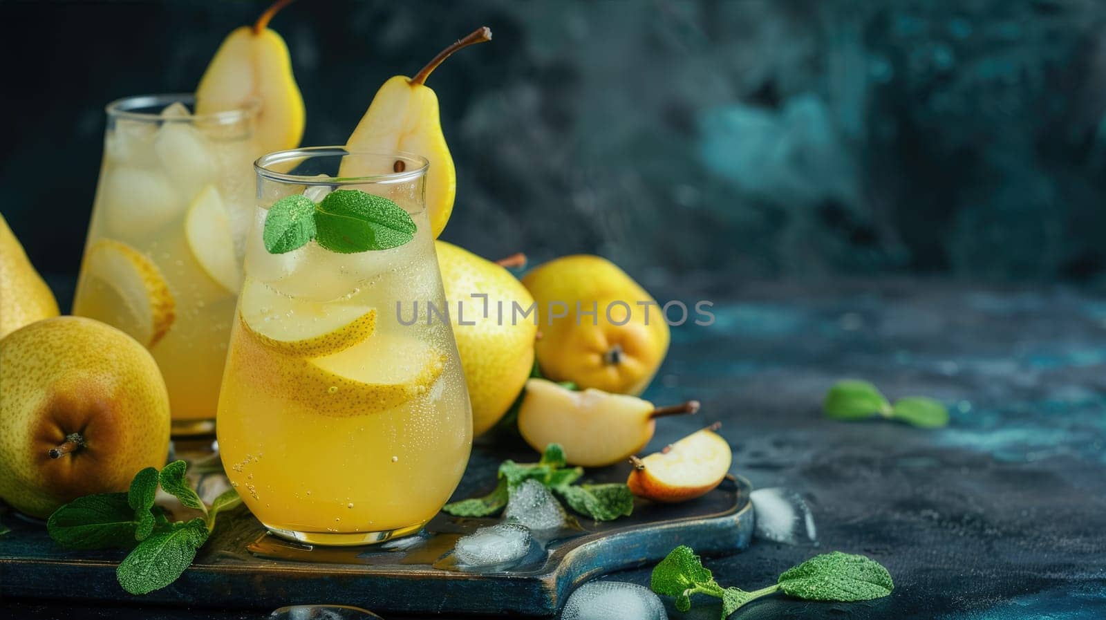 Fresh pear lemonade in a glass on a dark background AI