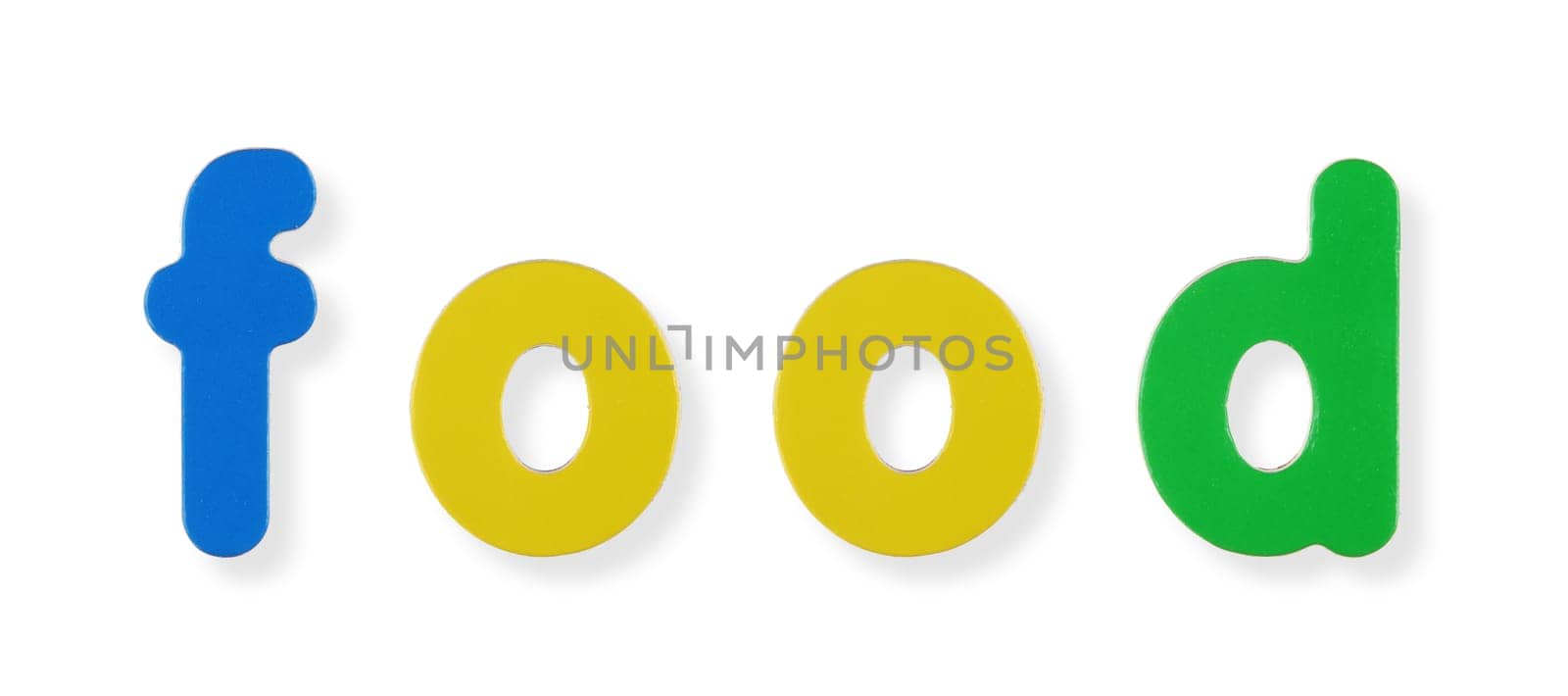 A food word in coloured magnetic letters on white with clipping path to remove shadow