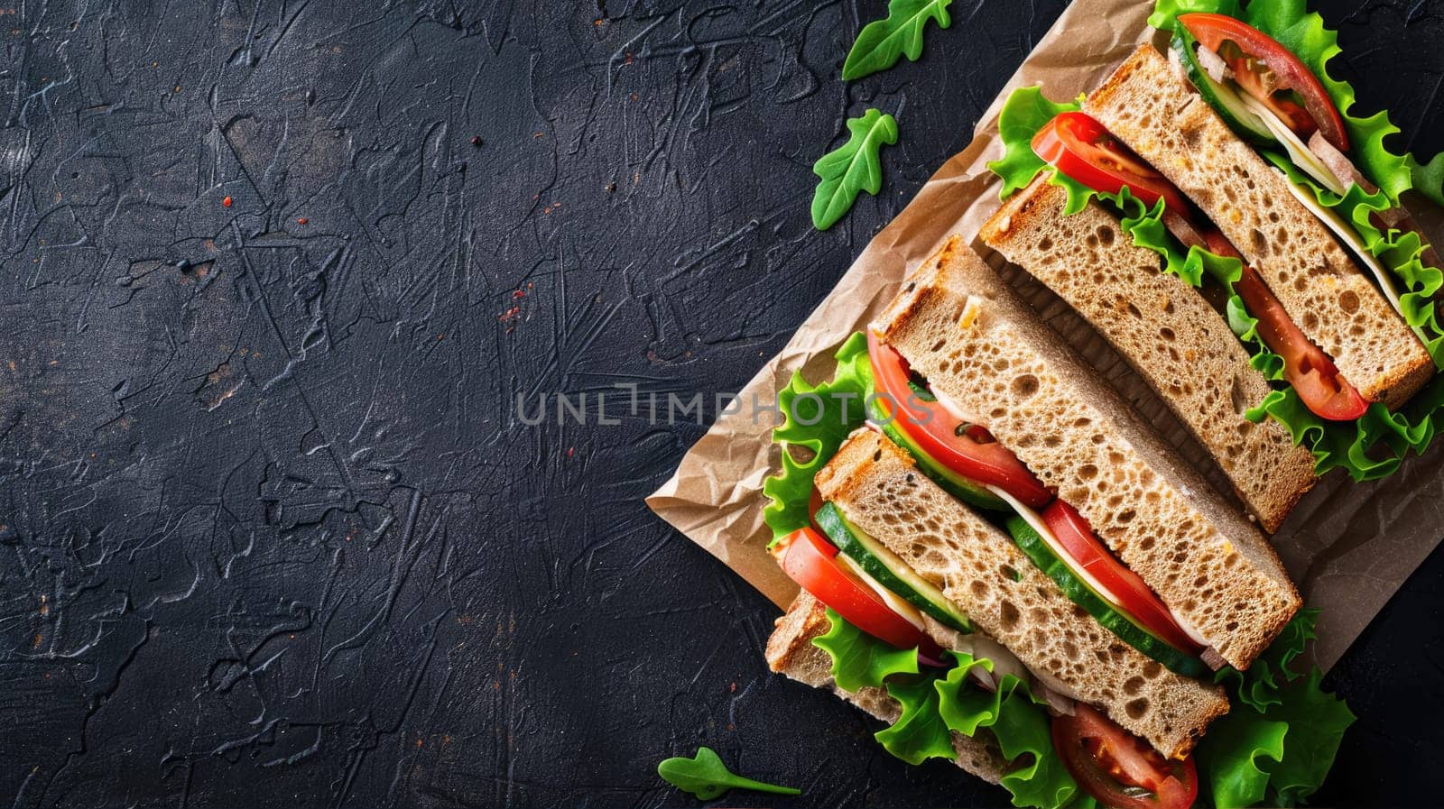 Fresh tasty sandwiches on craft paper on a dark background by natali_brill