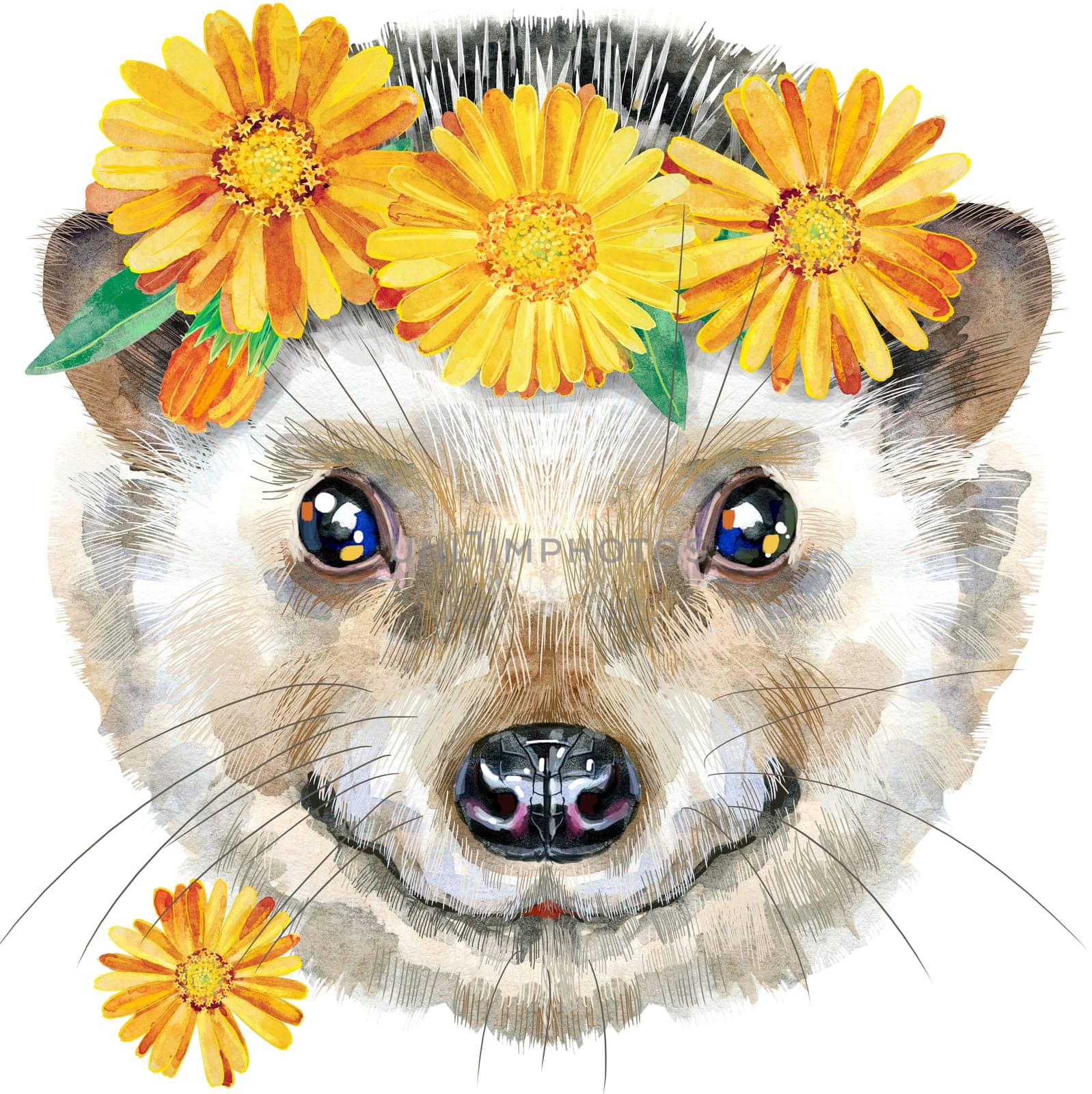 Watercolor drawing of the animal - hedgehog with flowers, sketch