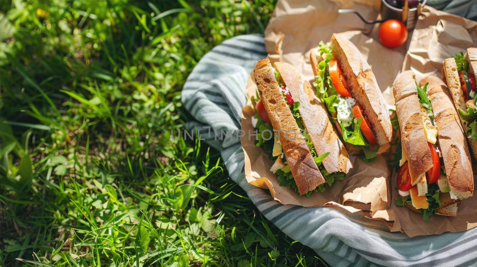 Fresh tasty sandwiches on craft paper on a blanket on the grass during a picnic. View from above AI