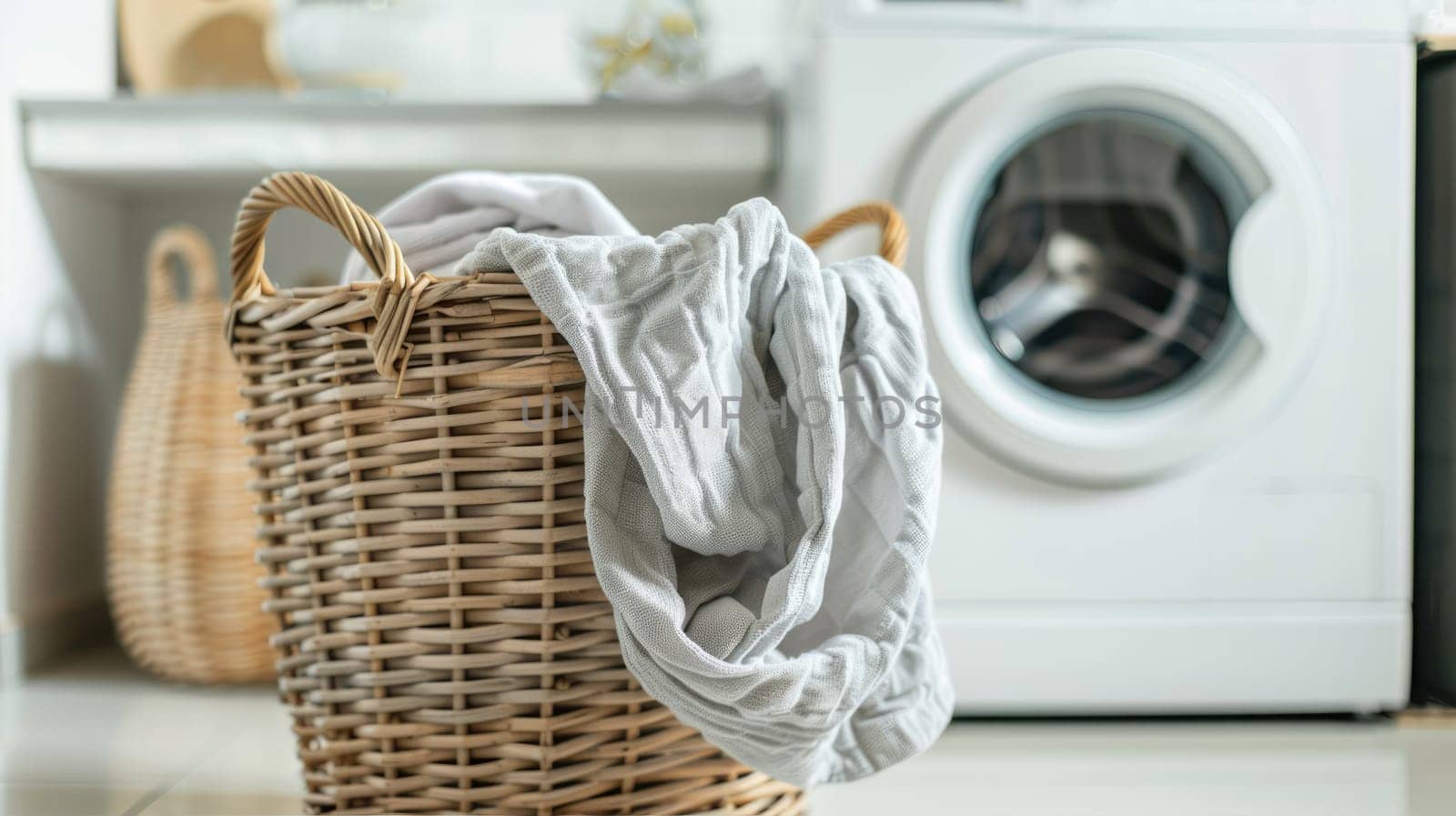 Laundry basket on white background of modern washing machine by natali_brill