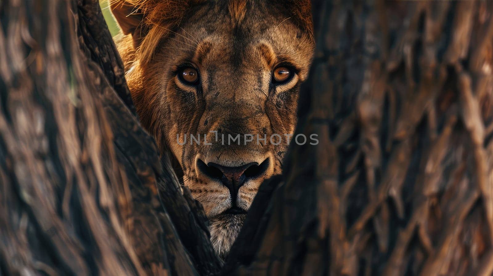 Large lion hiding in branches and leaves of a big tree. AI