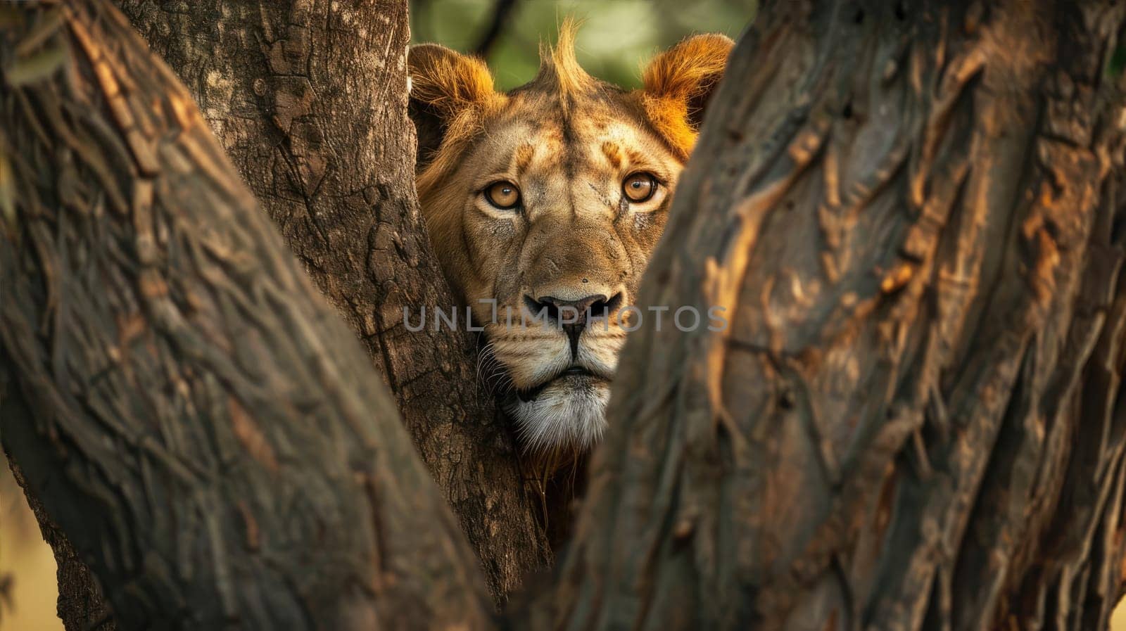 Large lion hiding in branches and leaves of a big tree. AI