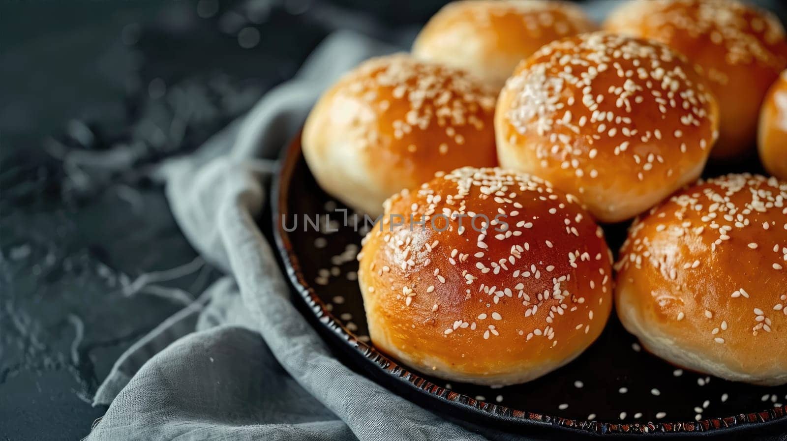 Lush buns with sesame seeds on a dark plate on a dark background by natali_brill