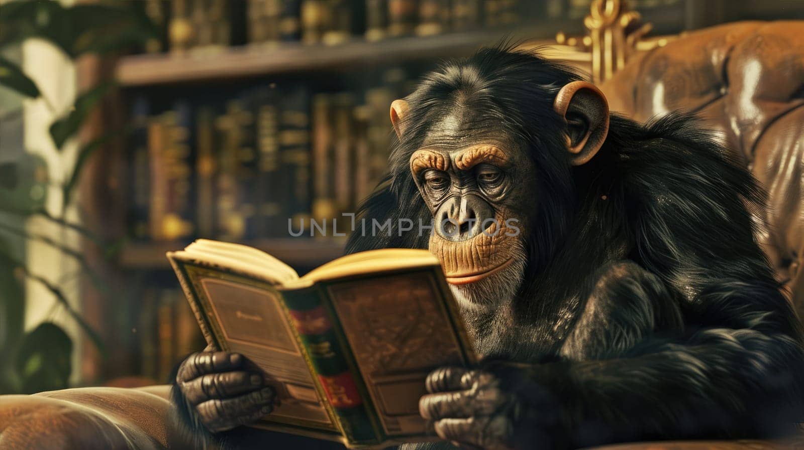 Monkey reading a book. Developed and intelligent monkey AI
