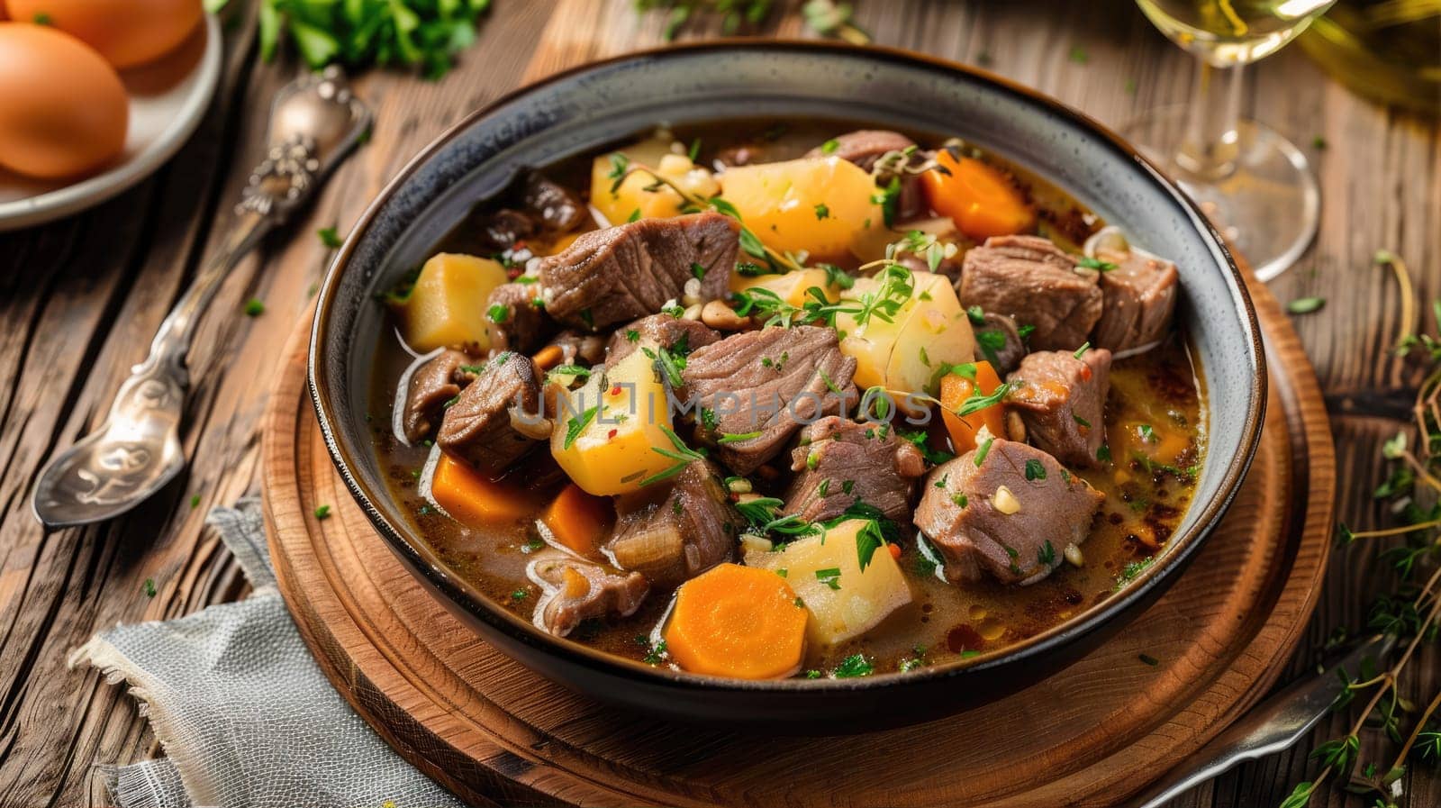 Beef stew in frying pan. Stewed potatoes with meat. Delicious traditional food by natali_brill