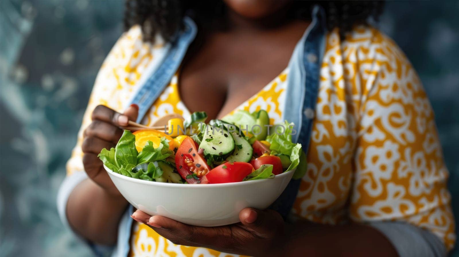 Plus size black woman with bowl of vegetable salad by natali_brill