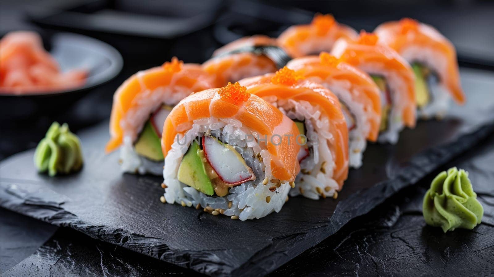 Delicious sushi rolls served on black table AI