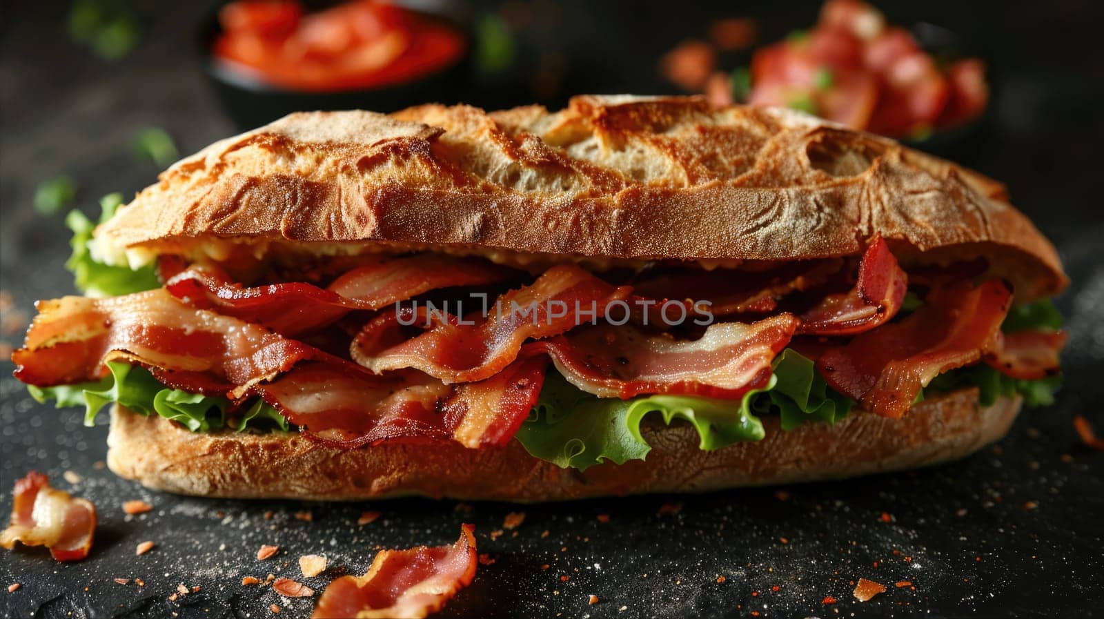 Sandwich with ciabatta and bacon filling on a dark background by natali_brill