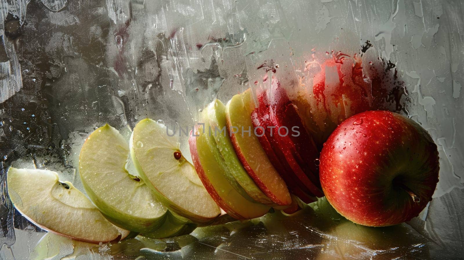 Sliced apple and whole apples on a textured gray background AI