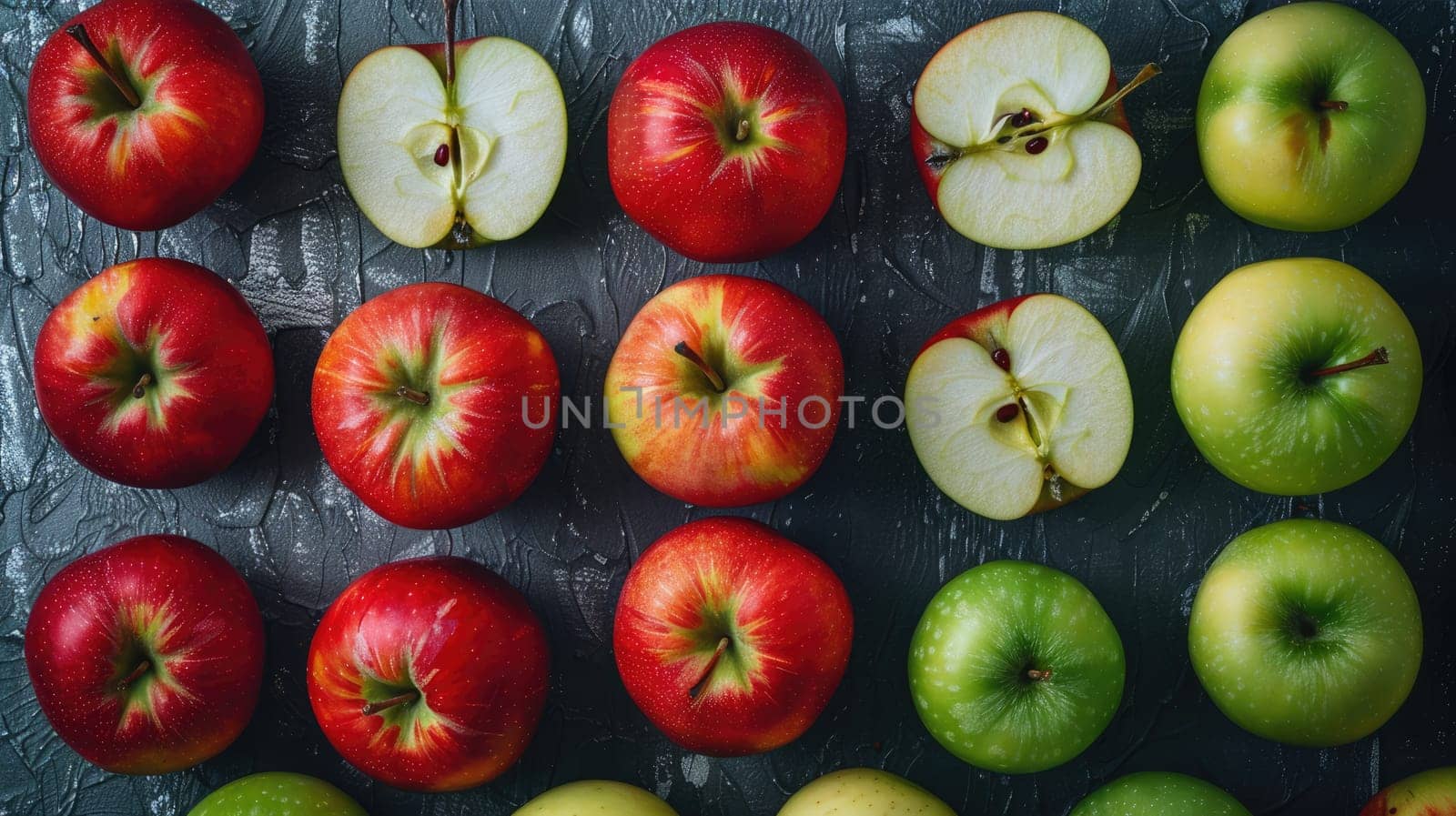 Sliced apple and whole apples on a textured gray background AI
