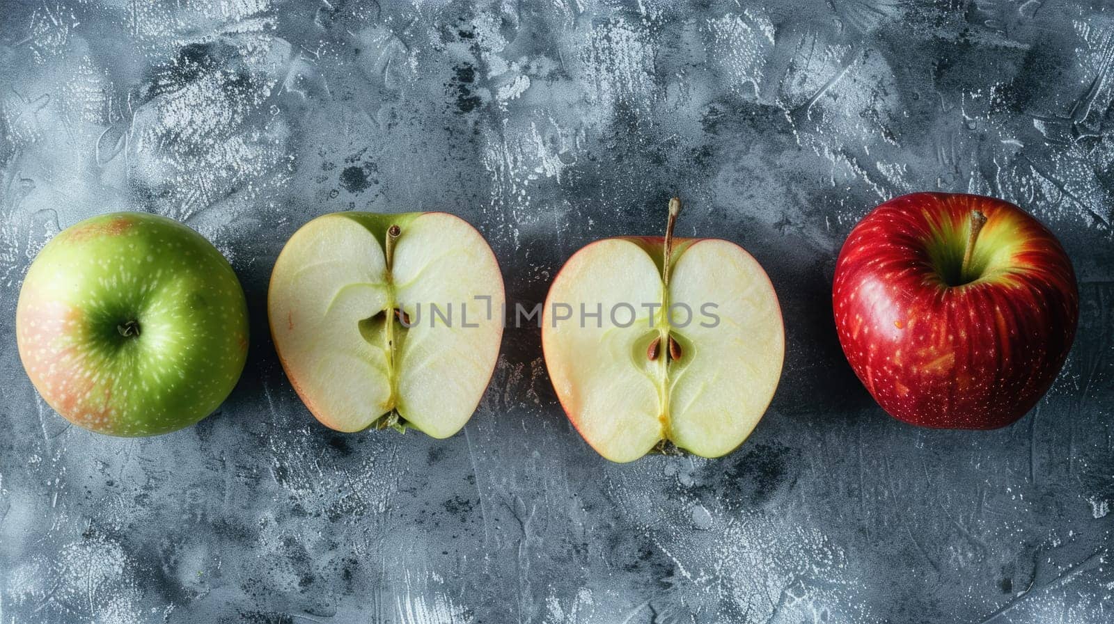 Sliced apple and whole apples on a textured gray background by natali_brill