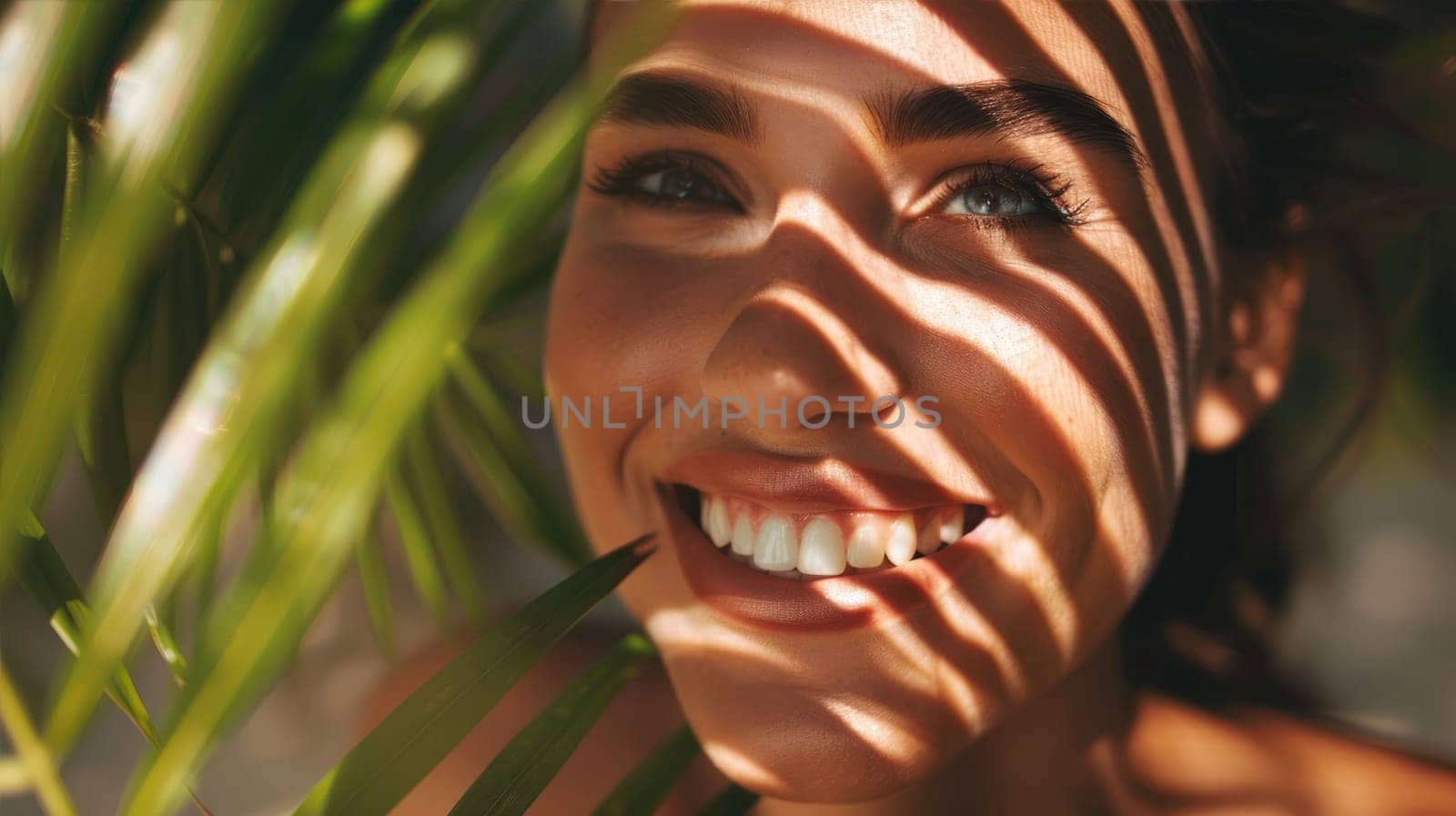 Smiling woman with shadows of palm leaf AI