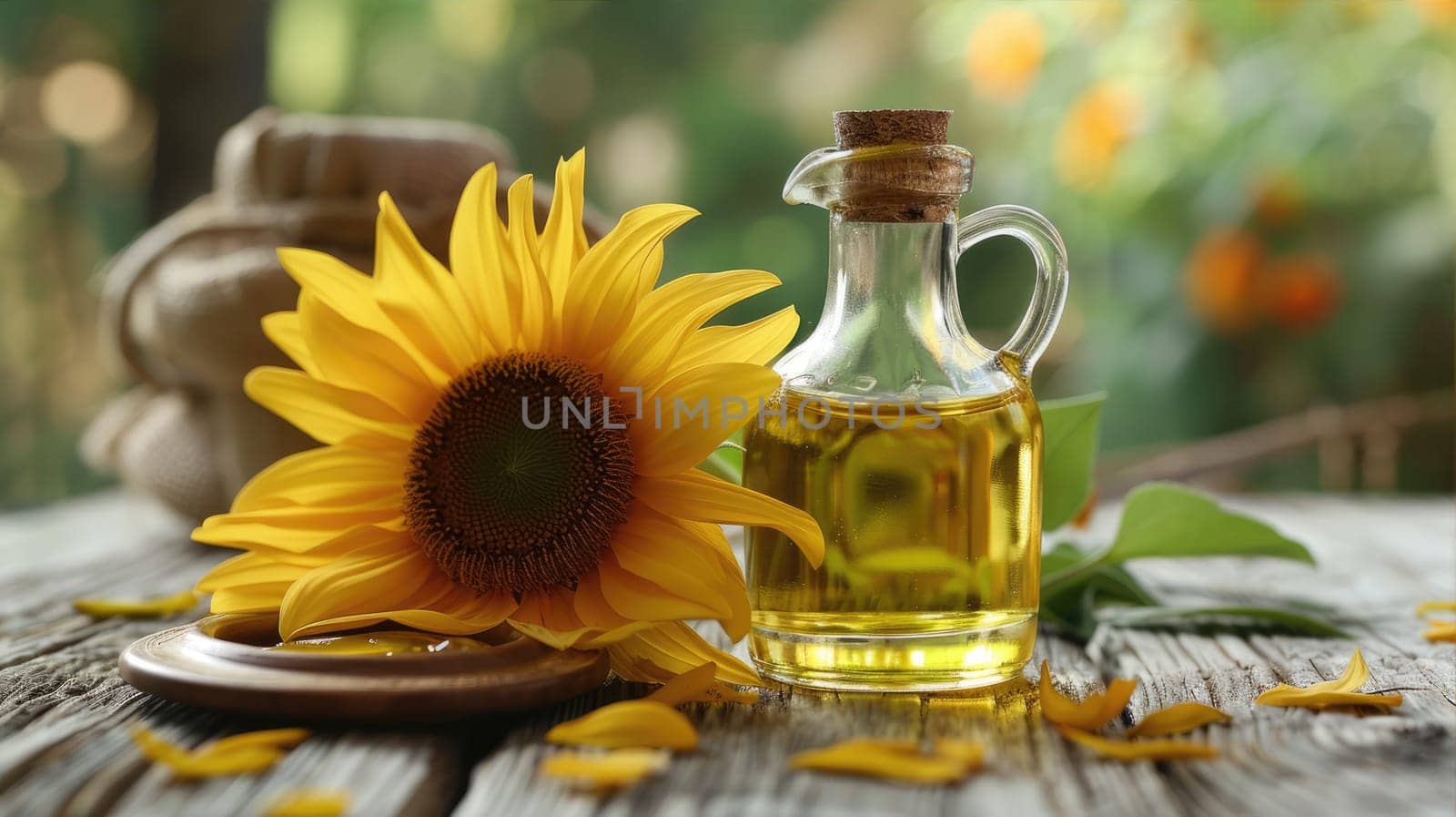 Organic sunflower oil in a small glass jar. Sun flower oil AI