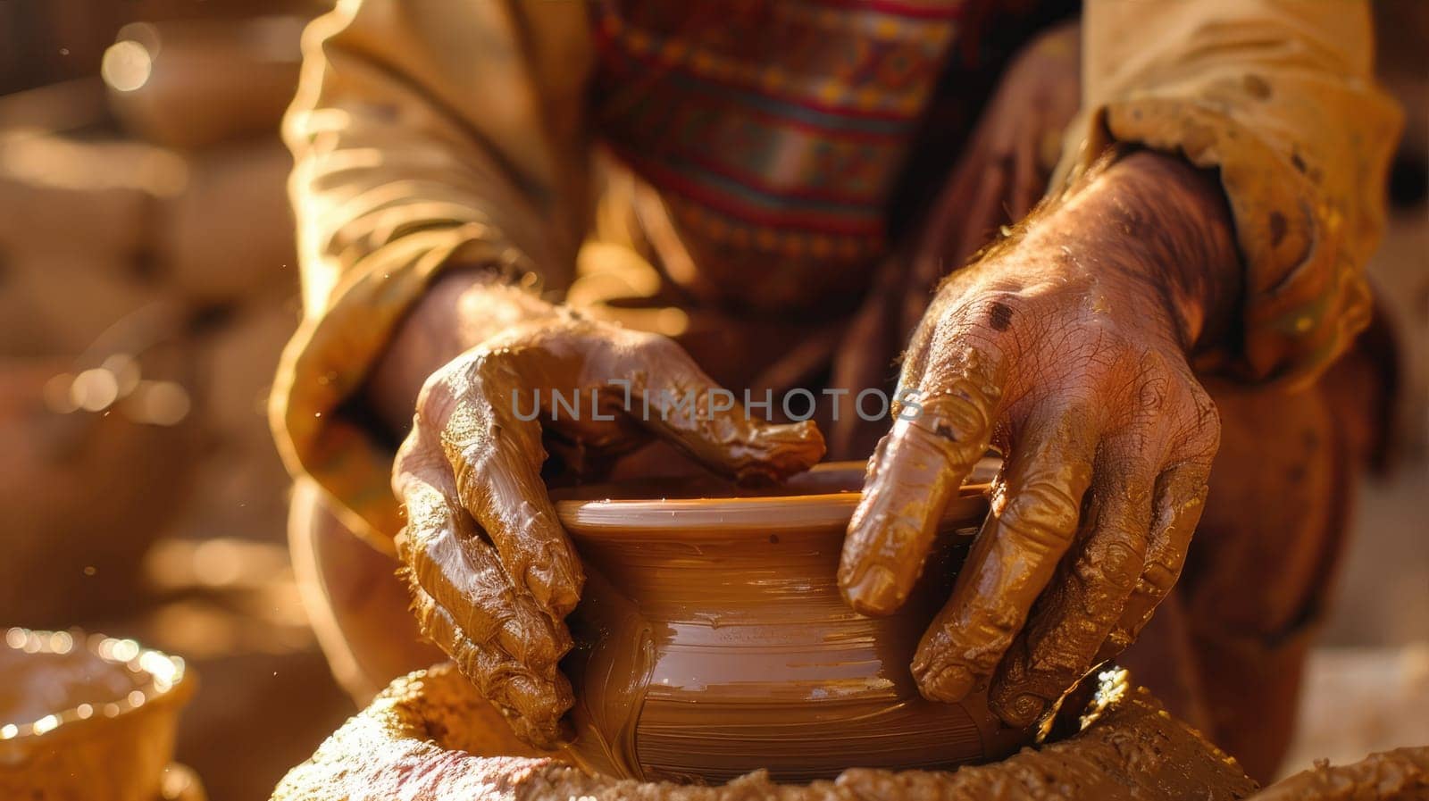 The potter's hands make a clay pot AI