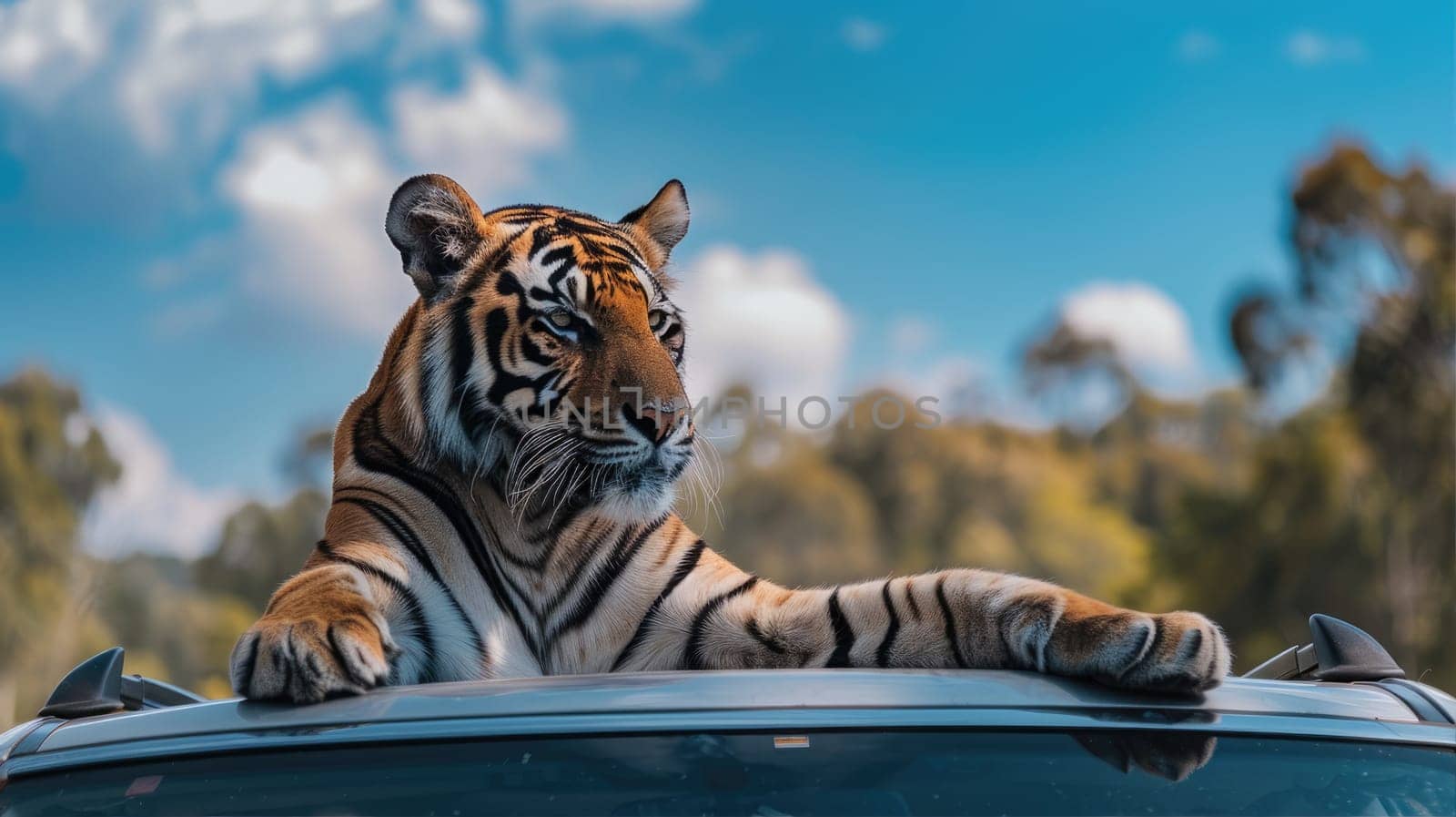 Tiger sitting on the roof of a car AI
