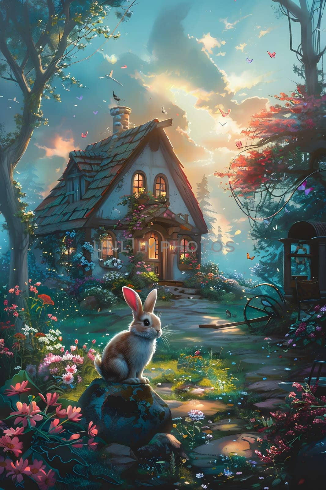 A cute rabbit is relaxing on a rock with a beautiful view of the house, trees, sky, clouds, plants, and birds in the painting. The art captures a serene moment in nature