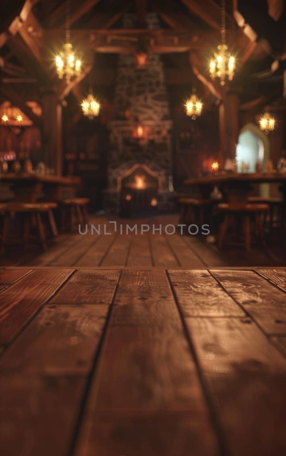 Vertical image of a fantasy tavern. Blurred background AI