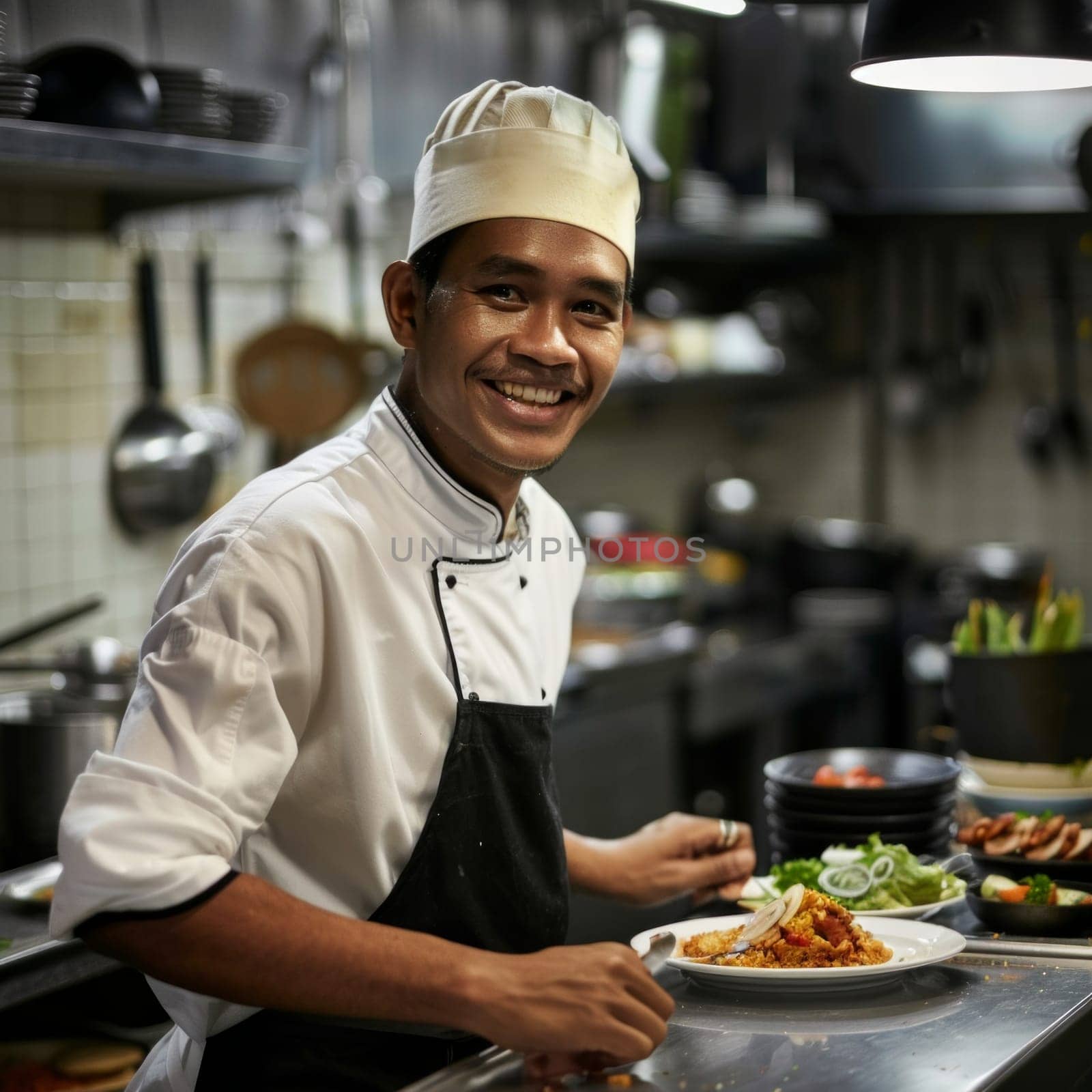 smiling handsome indonesian chef with food on a restaurant kitchen .