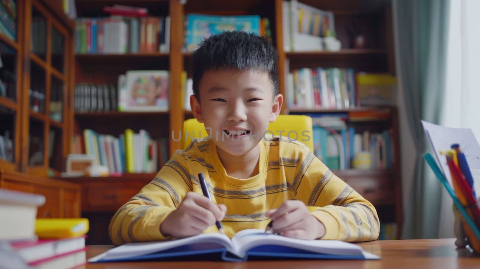 Cheerful chinese school boy doing homework while sitting at desk at home.