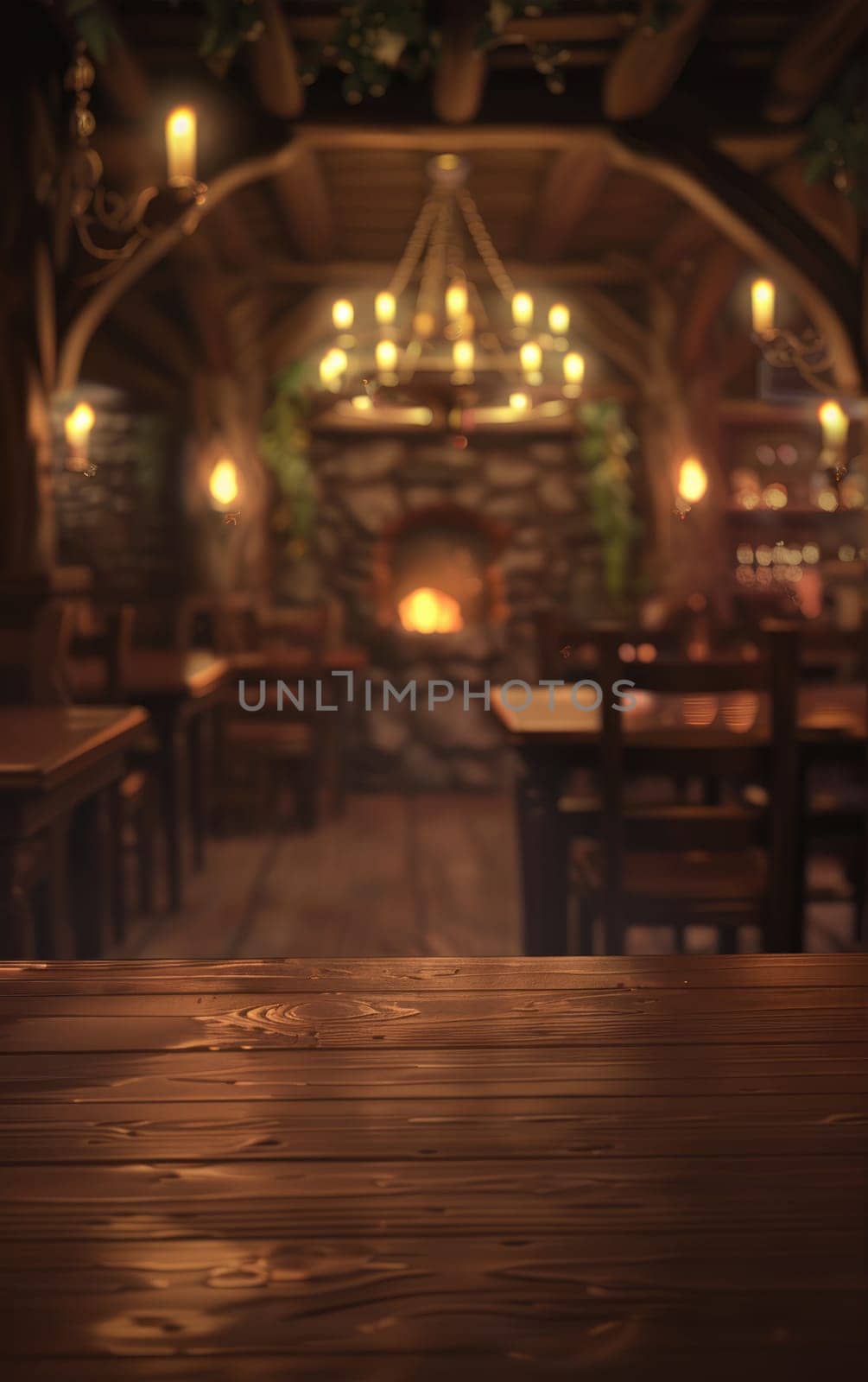 Vertical image of a fantasy tavern. Blurred background by natali_brill