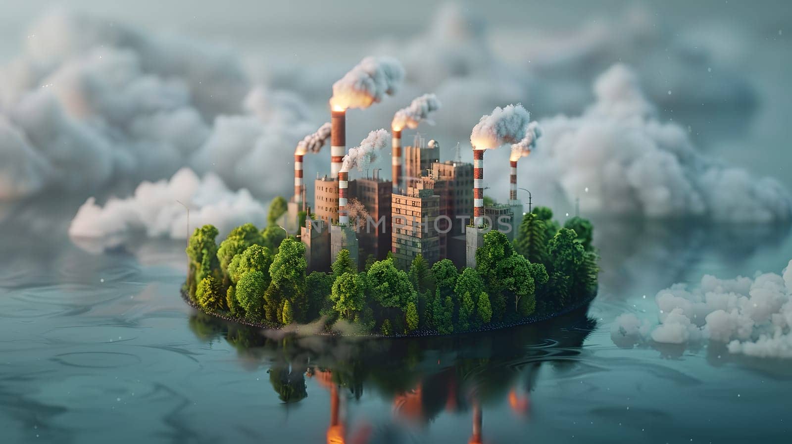 A small island with a factory on it is drifting in the water below a cloudy sky, blending the industrial building into the surrounding natural landscape