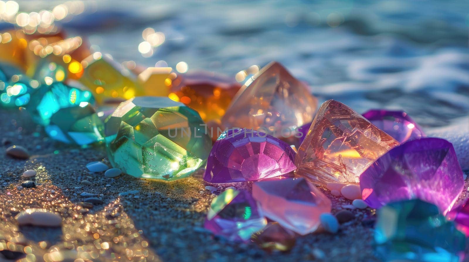 Colorful neon gemstones on a beach. Mystical glow. by natali_brill