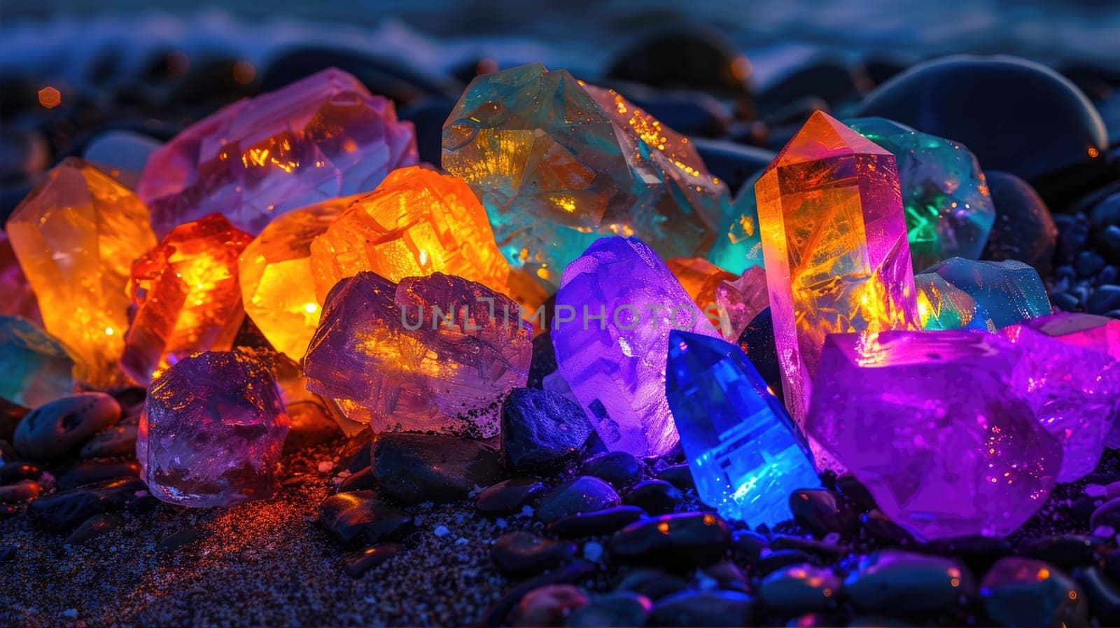 Colorful neon gemstones on a beach. Mystical glow. AI