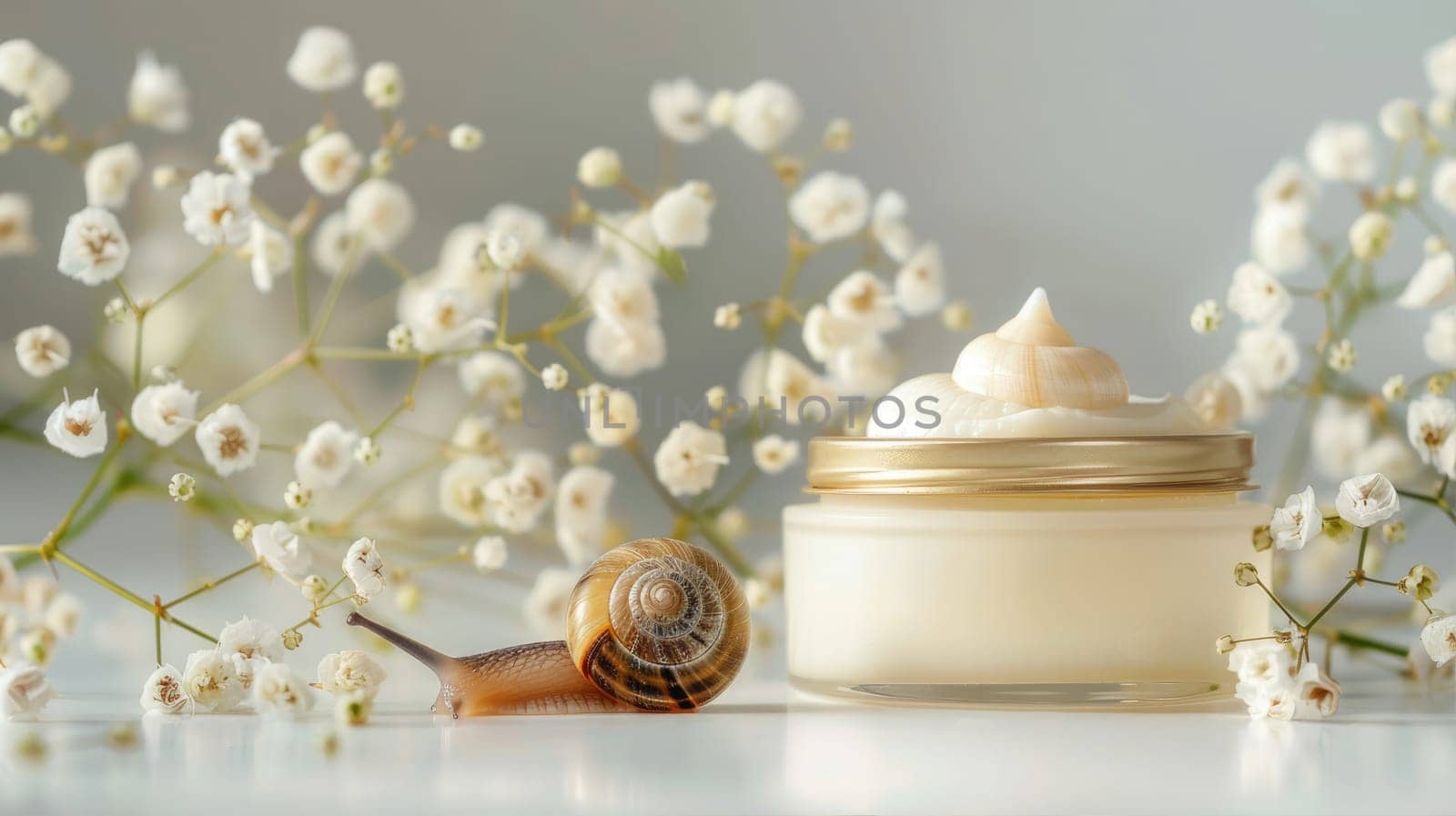 Organic cosmetics made with mucin and snail on table. Cream in a jar and snail on the background AI